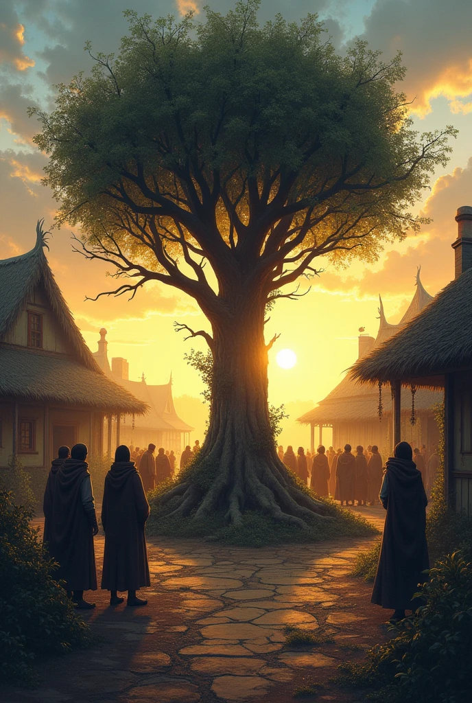 A quiet village morning, with the first rays of sunlight just beginning to peek over the horizon. In the center of the village, a single tree has begun to wither, its leaves turning black and curling at the edges. The ground around it is cracked and dry, as if the life has been drained from it. A group of villagers stands around the tree, their faces filled with fear and confusion, as they witness the first sign of the curse.