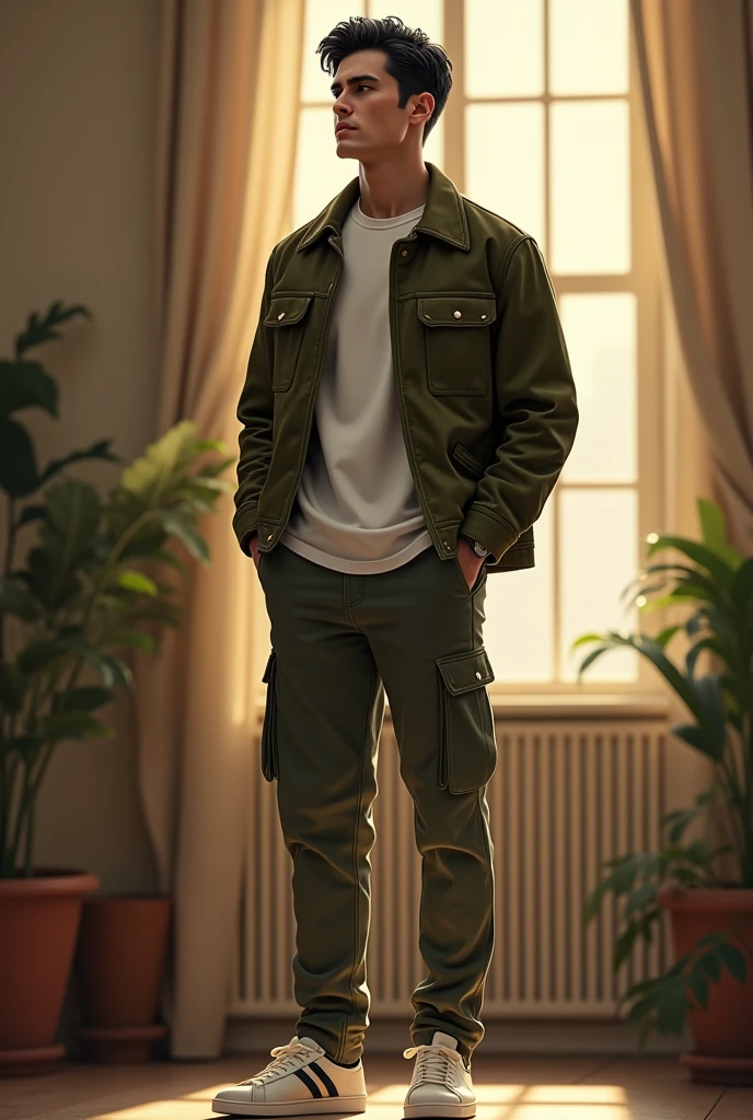A tall dark handsome man, standing, wearing white shirt with olive jacket on top with cargo pants and casual Adidas shoes. Short black hair, soft lighting, window with sunlight, calm and elaxed pose, realistic, intricate details, warm colors