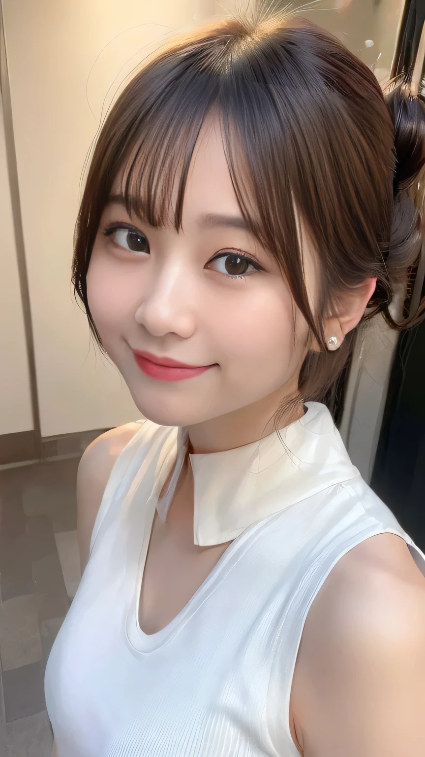 (8k, Highest quality, Real、 Ultra-high resolution:1.5),Beautiful Japanese Women, ((Cute Smile)),（Updo）, (Sleeveless shirt with collar), A profile of a smiling face peering in, Close-up shot of the face、