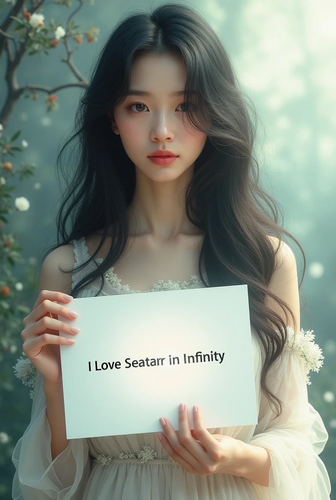 Beautiful chinese look girl with wavy long hair, bohemian dress, holding a white board with text "I Love Seaart Infinity" and showing it to the viewer