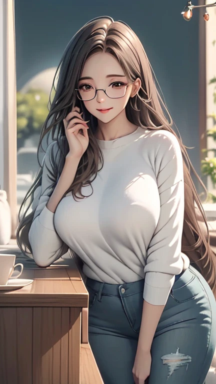 Light Color Palettes,medium front shot, digital art painting . dreaming fresh art style,ultra straight long hair mother single alone,thick lips，glasses， smile, leaning on kitchen table charming relaxing . white cotton tight sweater，blue tight jeans, lovely, cute, attractive, freshly green trees leaves swaying morning sunlight hyper ligting insane details background blurry focus on character