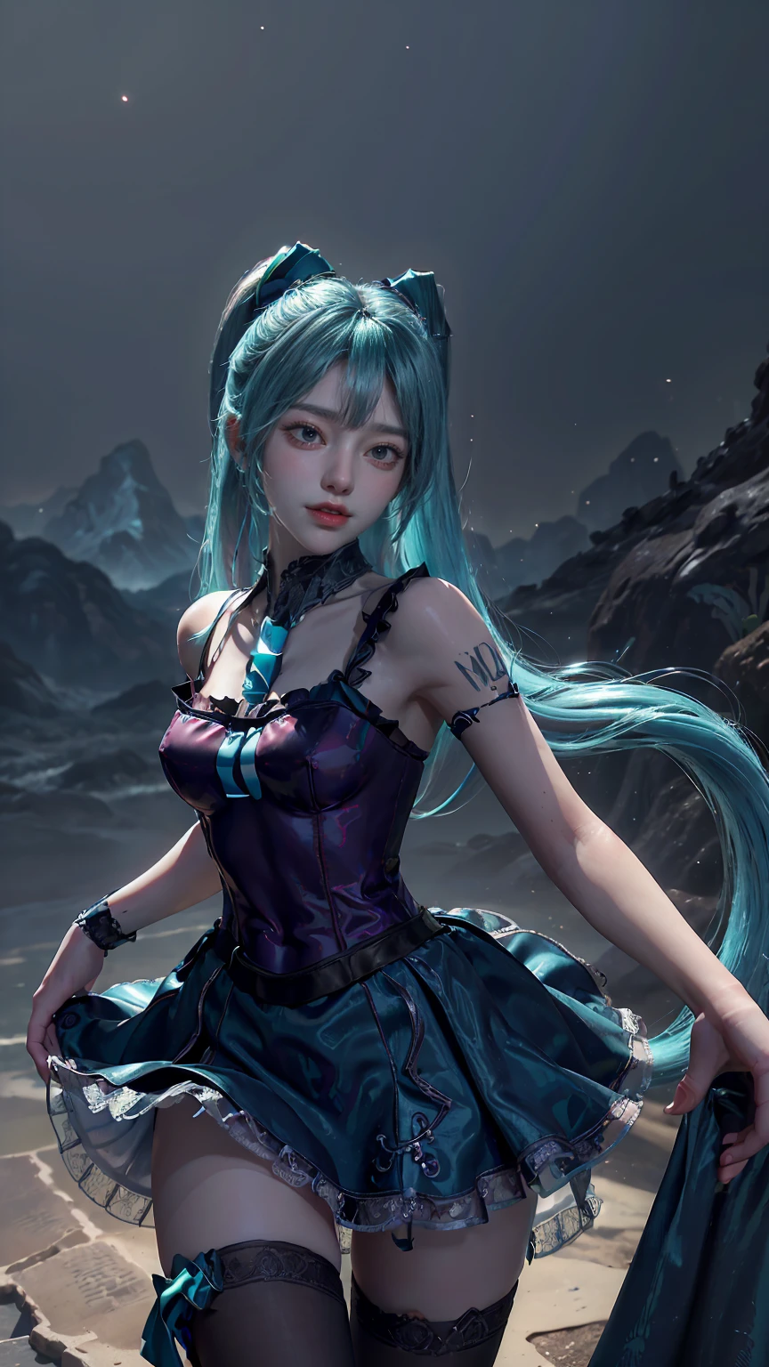 masterpiece,Game Art,Best picture quality,Maximum resolution,8k,(Upper Body,ambush),Unreal Engine 5 rendering works,Ray Tracing,RAW photos,(((Hatsune Miku Character))), (((Tosca Hair Color))), ((Long double ponytail hairstyle)), Enjoy the scenery, Focus on the Horizon, (((Perfect eyes))), (((Smile))), 21-year-old girl, Perfect body, (((Perfect anatomical structure))), Tosca Eye Color, Double eyelids, (((Small breasts))), Very detailed skin texture, (Realistic skin), Ultra-fine face, Delicate lips, (((Delicate eyes))), (((Double eyelids))), necklace, Moist skin, Wet hair, Simple background, (Front focus), (On the peaks:1.2), (((Night Atmosphere))), Deep Dark, Surrealist Portraits of Women by David Hockney and Alphonse Mucha, Fantasy Art, (((Photo-realistic))), ((Dynamic poses)), (((World Model Poses))), Dynamic Lighting, Art Station, poster, Volumetric Lighting, Very detailed faces, 4K, in the darkness, (((Night Atmosphere))), ((Deep Shadows)), Low profile, Cowboy shooting, (((Red long skirt))), Lighting Dress, (((Erotic lace dress))), (((stocking))),((3D Unreal Engine)),OC rendering reflection mode