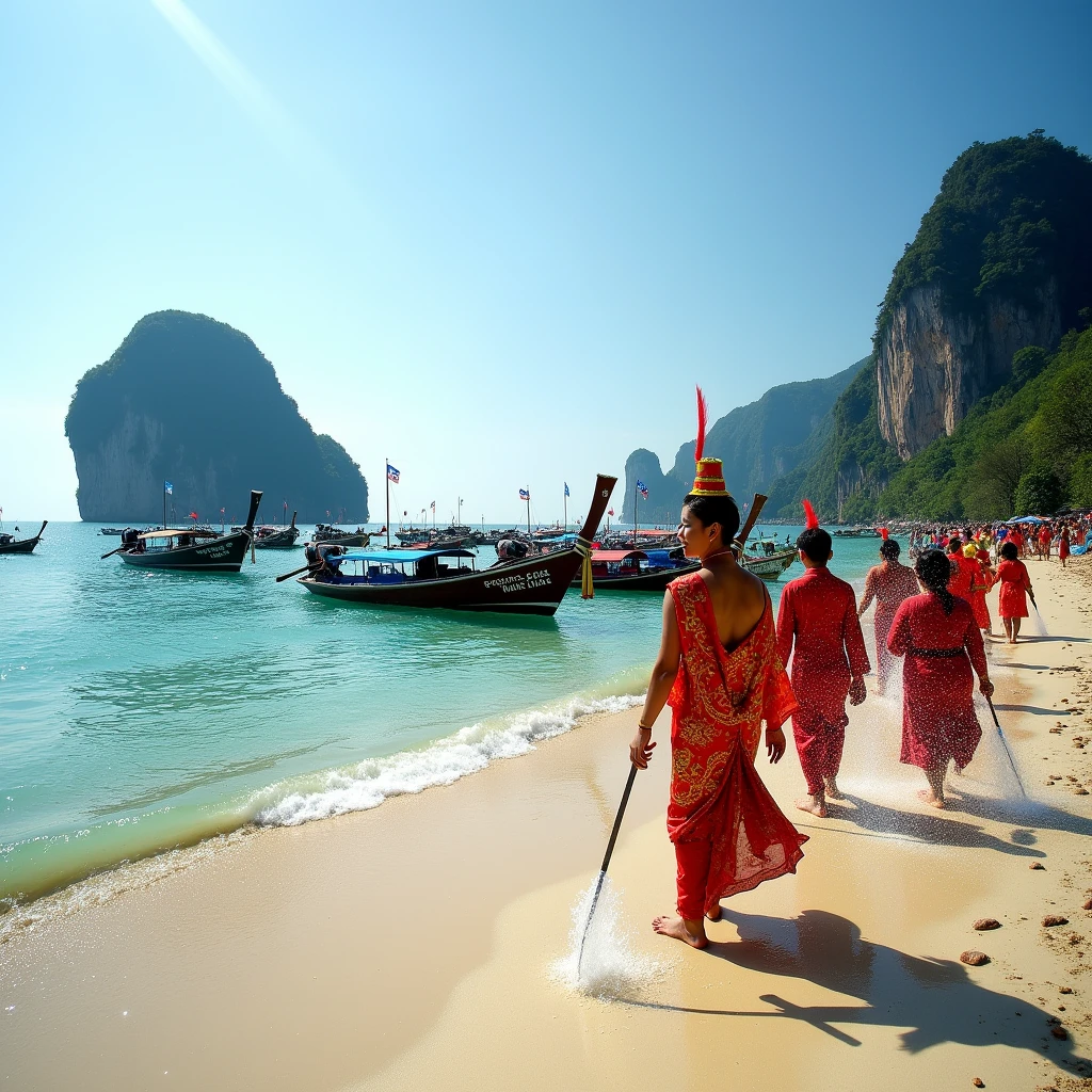 "Picture of Trang beach with long-tail boats floating on the clear blue sea, surrounded by limestone islands and a peaceful atmosphere, along with a local Songkran parade with people wearing ancient Thai costumes and playing Songkran water amidst the natural atmosphere of Trang province."
