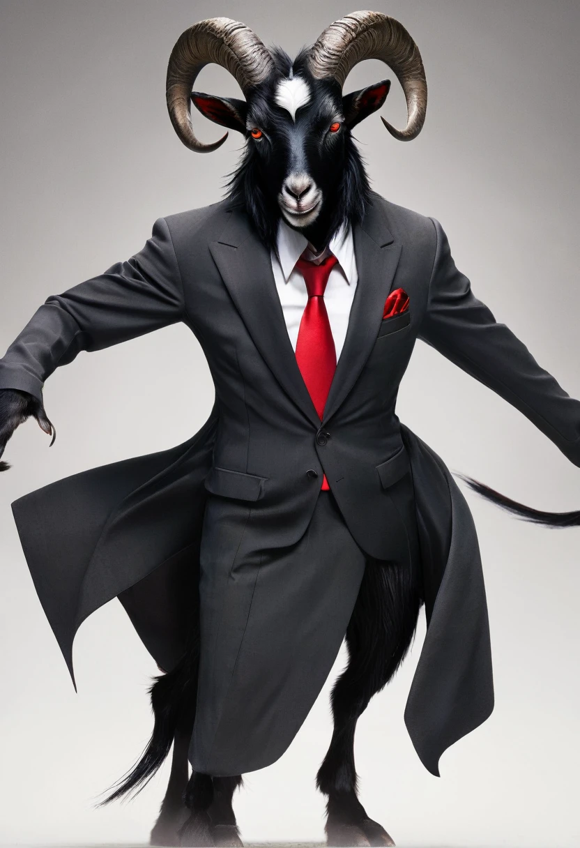 black goat with suit, red eyes, androgynous, dark scenery