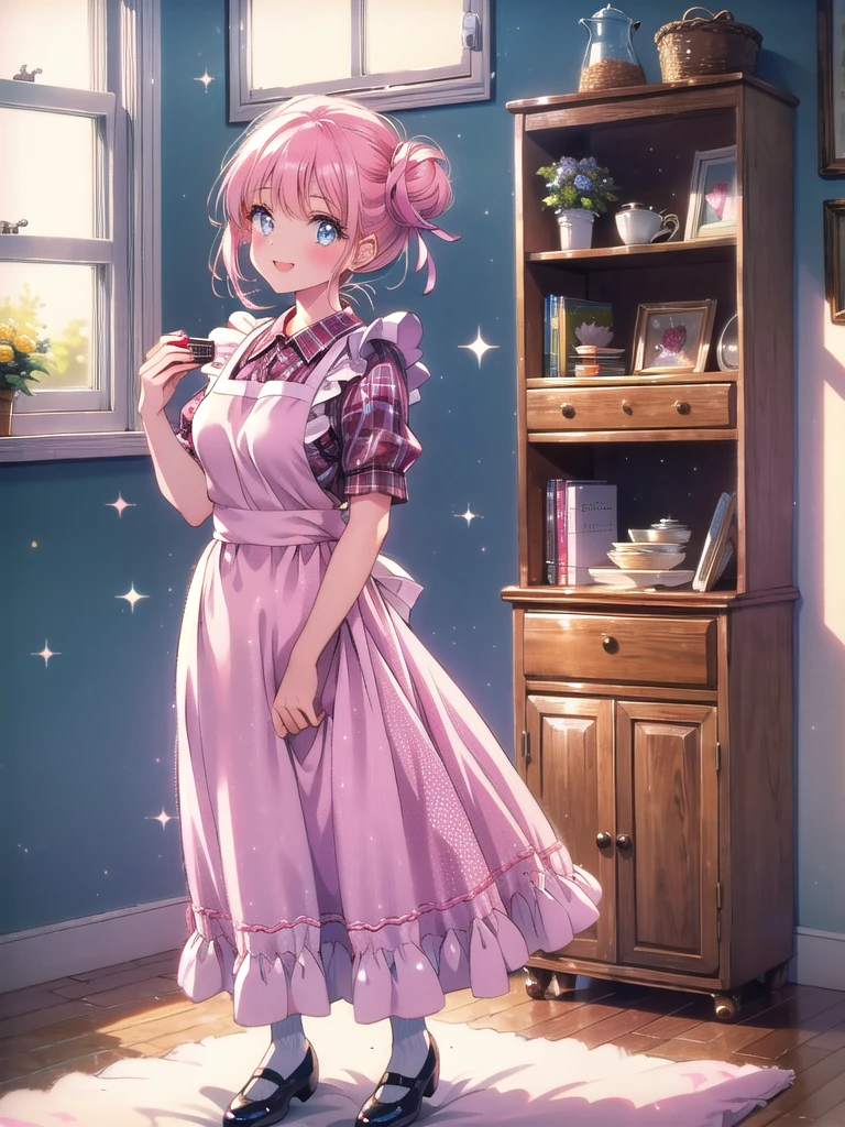 ((8k, Highest quality, masterpiece: 1.3)),Ultra-high resolution,(1 girl, alone), (Color changing eyes, Ultra-detailed, Expressive brilliance, Glitter, Glowing Eyes), Highly detailed eyes, Highly detailed face, Random Hair, ((pastel colour)),A beaming young woman with pastel pink hair styled into a messy bun, standing near her closet in her brightly lit bedroom during a sunny afternoon. She is dressed in a sweet yet subtly sexy 1950s housewife cosplay, wearing a polka-dotted dress with a fitted waist, an apron tied around her waist, and a pair of kitten heels. The camera captures her from a side angle as she adjusts her apron with a playful smile, her expression full of vintage charm and delight. The room is filled with natural light, with a few retro kitchen accessories on a nearby shelf, a small radio playing in the background, and a nostalgic, homely atmosphere,(nsfw:1.3)
