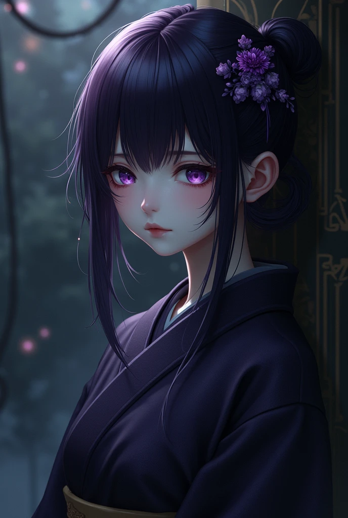 Japanese girl in a dark kimono with blackish purple hair and purple eyes kinda pale has a purple hair pin has a cold look