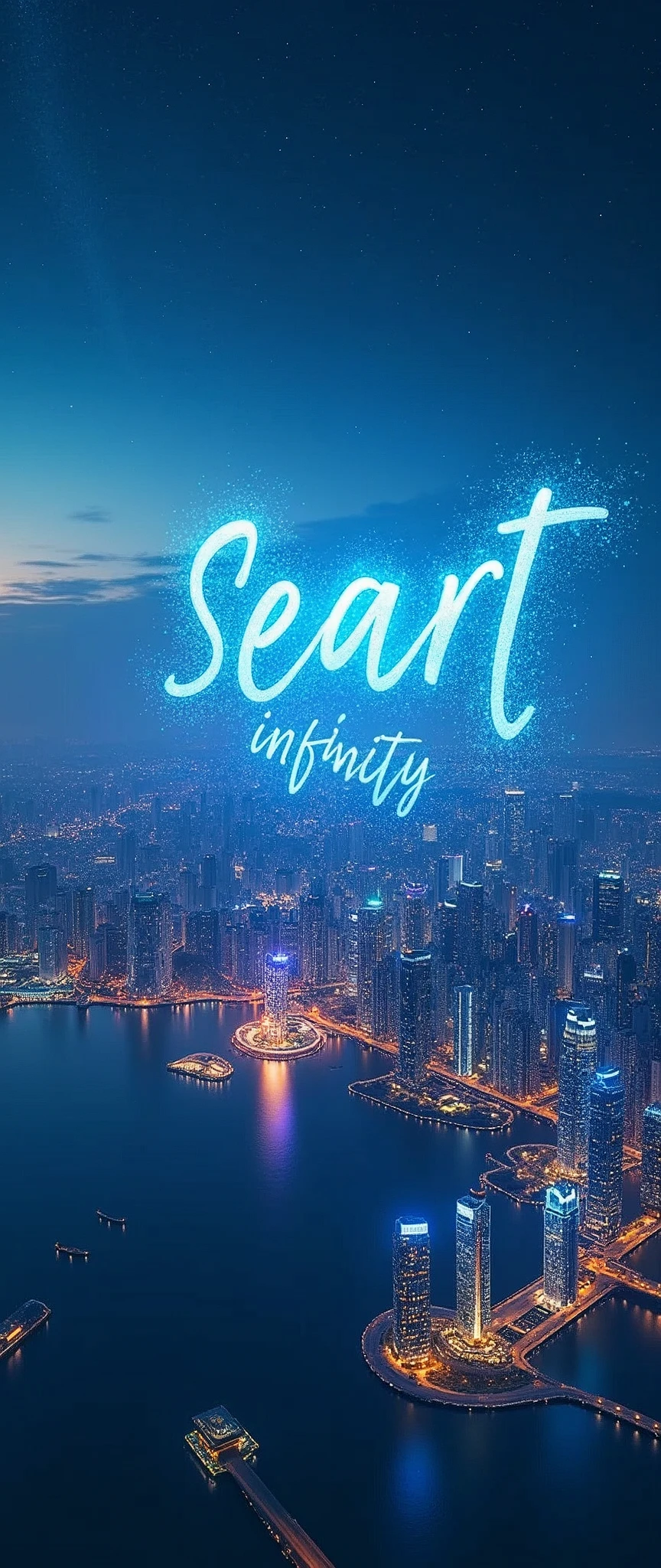 Landscape Photography,Shot from an airplane,(Holographically from a skyscraper in a futuristic city"The words "Seaart infinity" are projected into the night sky:2.0),(masterpiece:1.2,Highest quality,Ultra-high resolution,Very detailed,8k,Realistic,Best aesthetics),beautiful,(dynamic)
