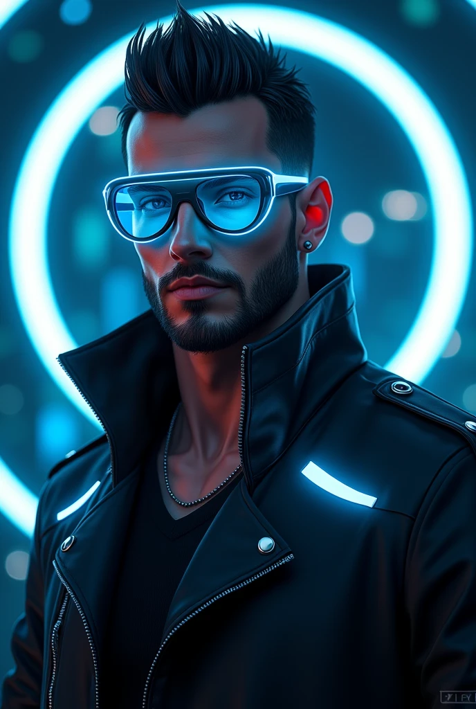 The image depicts a stylized, futuristic character with a confident and charismatic presence. He has dark, neatly groomed hair and a well-kept beard, which adds to his sharp and polished look. The character wears striking blue, neon-lit glasses that stand out, likely symbolizing advanced technology or augmented reality.
He is dressed in a sleek, dark jacket with a high-tech, modern aesthetic, featuring glowing blue accents that complement his glasses. The jacket's design suggests a blend of fashion and function, possibly hinting at the character being involved in a world where technology and style are intertwined. The background features a circular neon light, adding to the cyberpunk or sci-fi vibe of the entire scene.
This character could easily belong to a futuristic video game, a sci-fi movie, or a graphic novel where high-tech gadgets, virtual realities, and a cool, confident demeanor define the heroes or anti-heroes of the story. His expression is calm but determined, suggesting someone who is skilled and perhaps a bit mysterious, with a story to tell or a mission to complete.