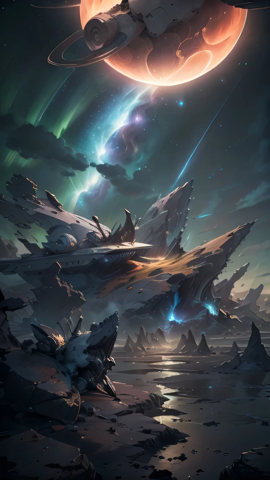 Fantasy,On a different planet,A massive and beautiful spaceship stands still.,The spaceship is broken,Outside the spacecraft, A beautiful female astronaut is making repairs,Flat Chest,Young face,Young body,There are a lot of wrecked spaceships,Expansiveness,Great details,Cinema Lenses,Wide-angle composition,Hazy,starry skies,Indian mythology,laser,Aurora,Shattered rocks fly everywhere.,3 months、Two Saturns、shooting star、milky way、Multicolored clouds、Expansive ocean、Big waterfall、Countless islands floating in the sky々、A view looking down from a high hill. Realistic blurred background. 4K Full HD 60 FPS、Realistic lighting