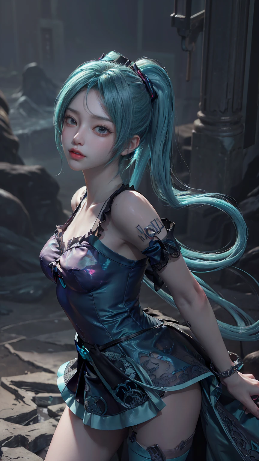 masterpiece,Game Art,Best picture quality,Maximum resolution,8k,(Upper Body,ambush),Unreal Engine 5 rendering works,Ray Tracing,RAW photos,(((Hatsune Miku Character))), (((Tosca Hair Color))), ((Long double ponytail hairstyle)), Enjoy the scenery, Focus on the Horizon, (((Perfect eyes))), (((Smile))), 21-year-old girl, Perfect body, (((Perfect anatomical structure))), Tosca Eye Color, Double eyelids, (((Small breasts))), Very detailed skin texture, (Realistic skin), Ultra-fine face, Delicate lips, (((Delicate eyes))), (((Double eyelids))), necklace, Moist skin, Wet hair, Simple background, (Front focus), (On the peaks:1.2), (((Night Atmosphere))), Deep Dark, Surrealist Portraits of Women by David Hockney and Alphonse Mucha, Fantasy Art, (((Photo-realistic))), ((Dynamic poses)), (((World Model Poses))), Dynamic Lighting, Art Station, poster, Volumetric Lighting, Very detailed faces, 4K, in the darkness, (((Night Atmosphere))), ((Deep Shadows)), Low profile, Cowboy shooting, (((Red long skirt))), Lighting Dress, (((Erotic lace dress))), (((stocking))),((3D Unreal Engine)),OC rendering reflection mode