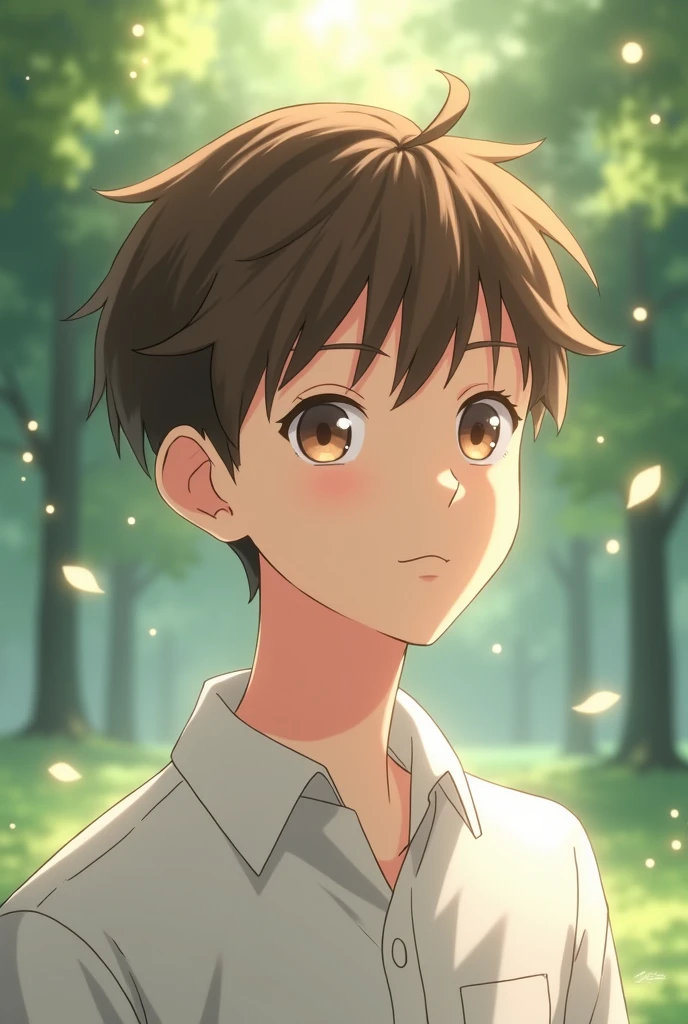 a anime boy with brown hair and wearing a white shirt who turns into a child