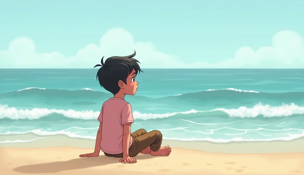 Ali sitting on the beach, gazing at the ocean, with waves gently crashing on the shore.
Ali is a 12 year old with black hair, wearing light pink shirt and brown jeans