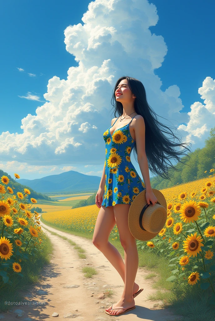 masterpiece,HDR,1 girl,black hair, big breasts,smile,straw hat,One-piece dress with sunflower pattern on blue ground color,She is standing on a jarry road in the countryside,She holds her straw hat on top with her right hand,She's looking up at the sky,The area around the Jariji road is filled with morning glories,blue sky,cumulonimbus