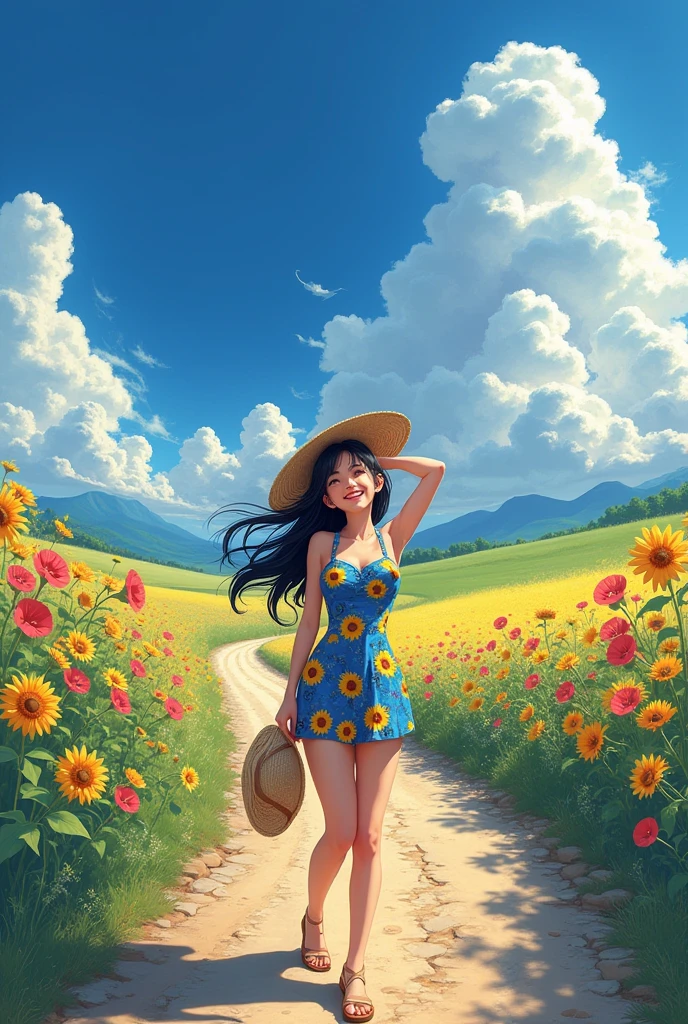 masterpiece,HDR,1 girl,black hair, big breasts,smile,straw hat,One-piece dress with sunflower pattern on blue ground color,She is standing on a jarry road in the countryside,She holds her straw hat on top with her right hand,She's looking up at the sky,The area around the Jariji road is filled with morning glories,blue sky,cumulonimbus