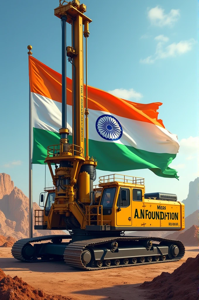 I want a picture of piling machine with the name of my company written on the machine - A.N.foundation  (written in bold and effective font) wishing  independence day of india with indian flag and theme of Indian flag 