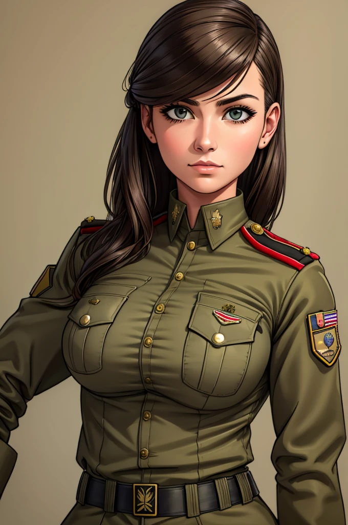 a woman in a military uniform poses for a picture, wearing military outfit, military outfit, army girl outfit, army uniform, military uniform, wearing military uniform, military girl, soldier girl, wearing a military uniform, soldier outfit, army, wearing dirty soldier uniform, military clothing, miltary, uniform, costume, in full military garb, cropped shirt with jacket
