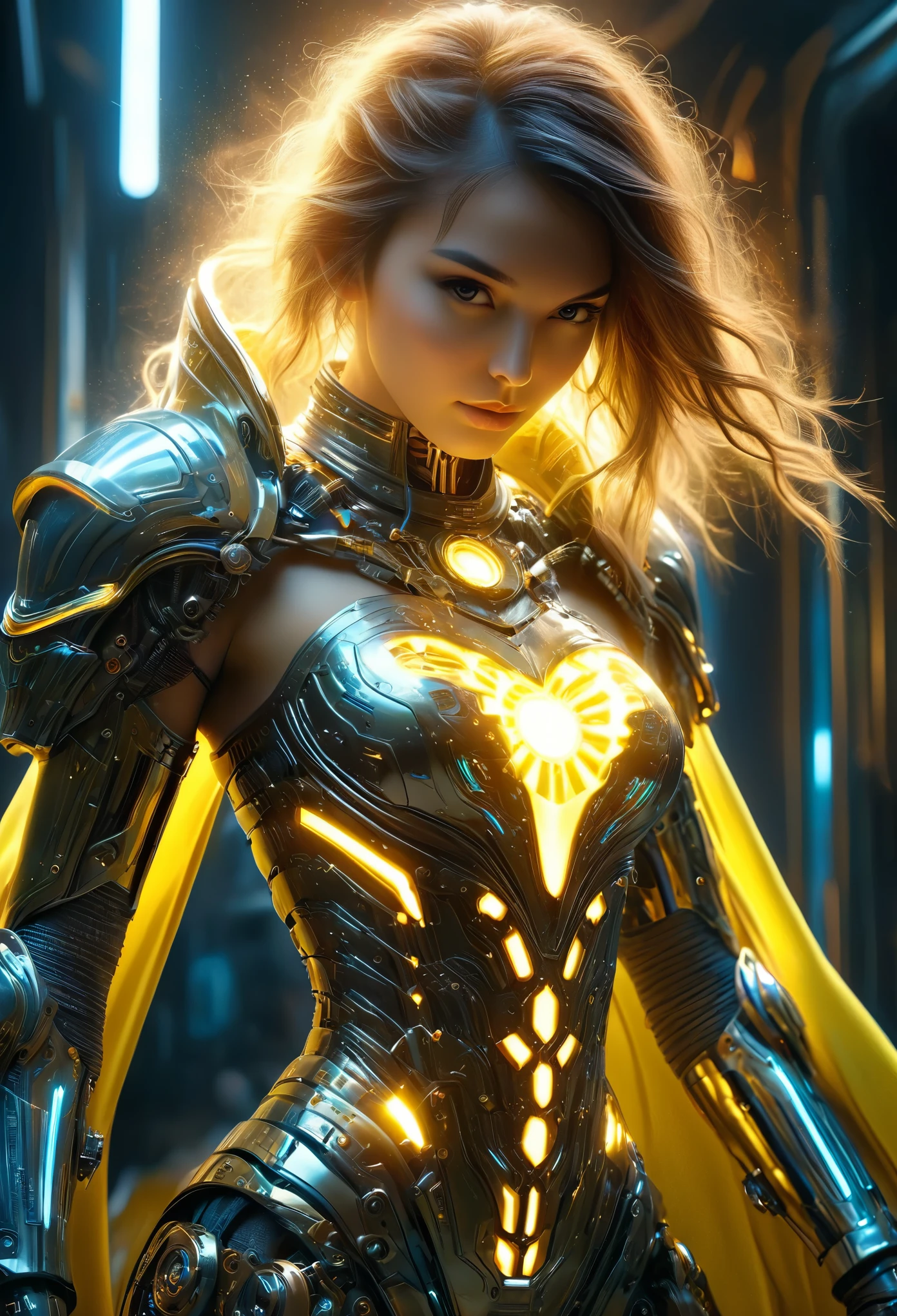 (Best Quality, 4K, 8K, High Resolution, Masterpiece: 1.2), (Super Detailed, Realistic, Photorealistic:1.37), A woman in futuristic clothing, (erotic and sexy:1.4), Trending on cgstation, Trending on cgstation, (Portrait of a girl in the Knights of the Zodiac:1.4), (blunt bangs:1.7), Cute Cyborg Girl, Perfect android girl, Portrait Astronaut Girl, Beautiful girl cyborg, Girl wearing iridescent yellow mechanical cyber armor, Game CG, cgsociety and fenghua zhong, Beautiful Cyborg Shrine Maiden, Bioluminescence, (Gal Gadot:0.6), Anatomically correct grip, Anatomically correct four fingers and one thumb, (long claws:1.4), erotic and sexy, A gorgeous cape with beautifully detailed embroidery, energy ball