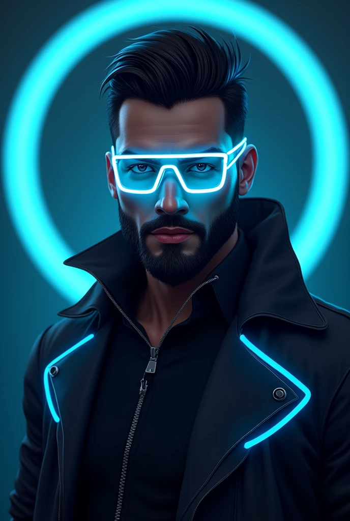 The image depicts a stylized, futuristic character with a confident and charismatic presence. He has dark, neatly groomed hair and a well-kept beard, which adds to his sharp and polished look. The character wears striking blue, neon-lit glasses that stand out, likely symbolizing advanced technology or augmented reality.
He is dressed in a sleek, dark jacket with a high-tech, modern aesthetic, featuring glowing blue accents that complement his glasses. The jacket's design suggests a blend of fashion and function, possibly hinting at the character being involved in a world where technology and style are intertwined. The background features a circular neon light, adding to the cyberpunk or sci-fi vibe of the entire scene.
This character could easily belong to a futuristic video game, a sci-fi movie, or a graphic novel where high-tech gadgets, virtual realities, and a cool, confident demeanor define the heroes or anti-heroes of the story. His expression is calm but determined, suggesting someone who is skilled and perhaps a bit mysterious, with a story to tell or a mission to complete.