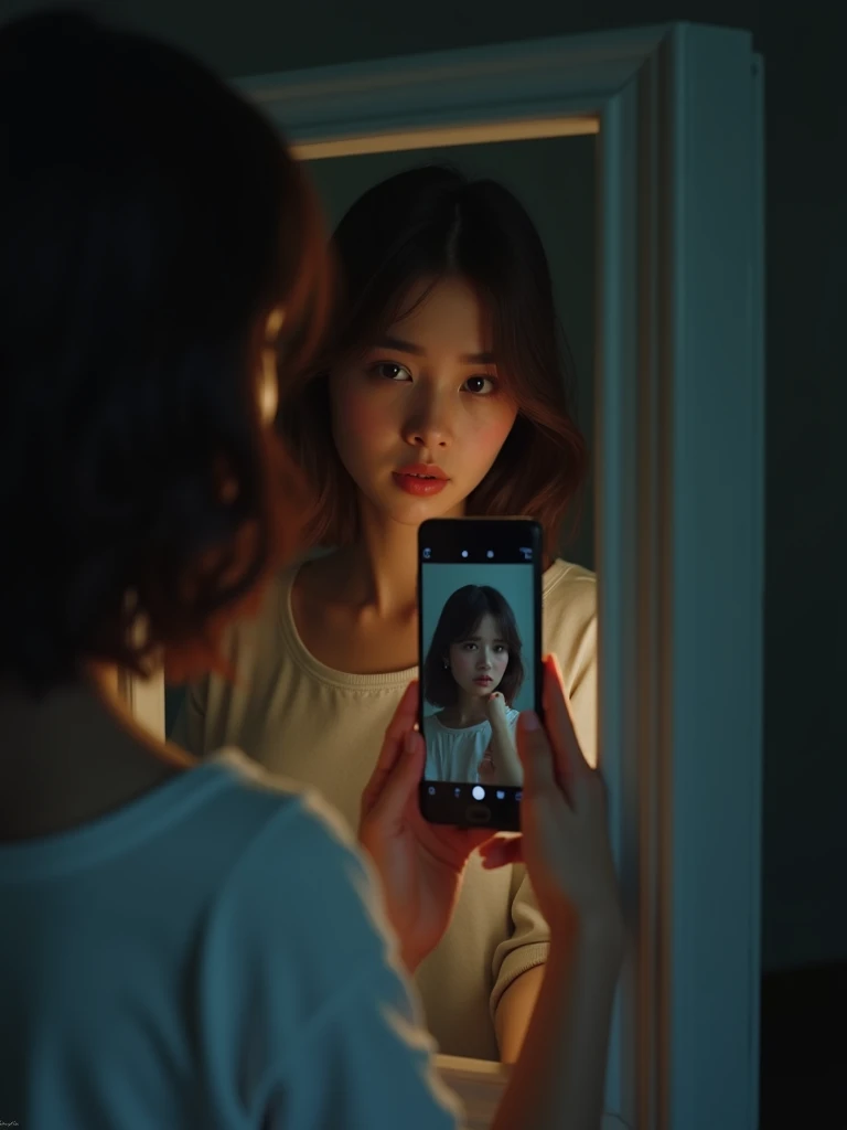 20 year old woman taking a picture of herself in a mirror. the point of view of the photo is in her phone. the woman is rather tall with brown hair and is wearing a summer outfit. the image is realistic and is made in a somewhat dark place