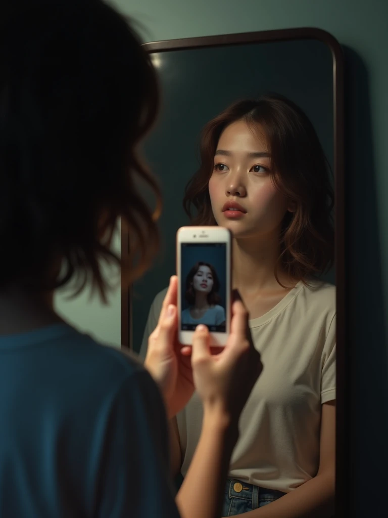 20 year old woman taking a picture of herself in a mirror. the point of view of the photo is in her phone. the woman is rather tall with brown hair and is wearing a summer outfit. the image is realistic and is made in a somewhat dark place