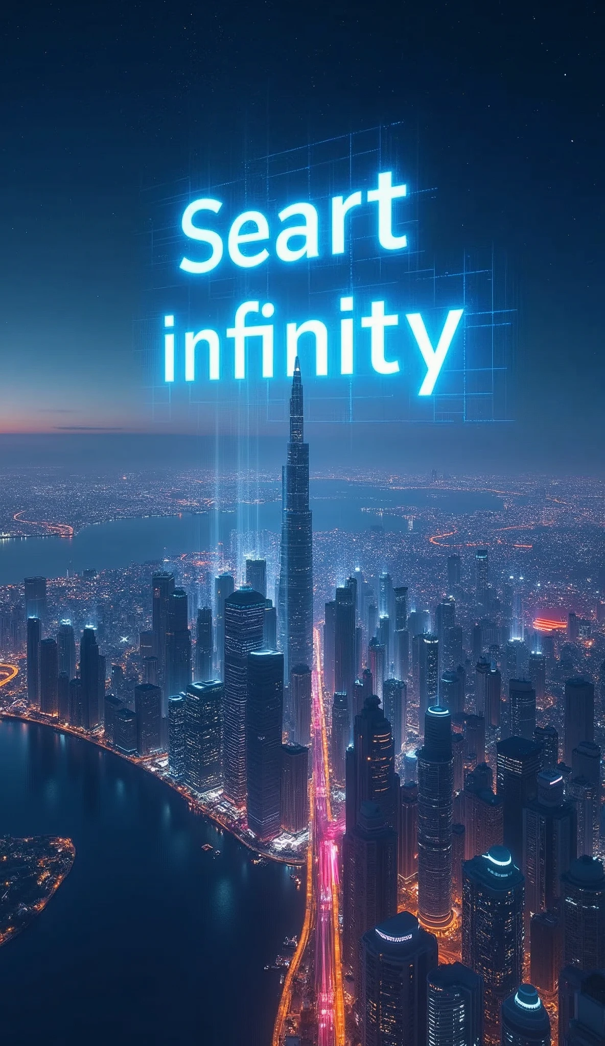 Landscape Photography,Shot from an airplane,(Holographically from a skyscraper in a futuristic city"The words "Seaart infinity" are projected into the night sky:2.0),(masterpiece:1.2,Highest quality,Ultra-high resolution,Very detailed,8k,Realistic,Best aesthetics),beautiful,(dynamic)