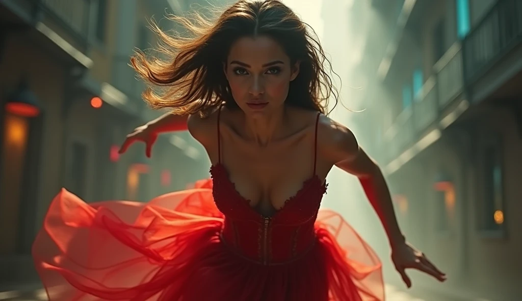 a gorgeous young european woman, 23 years old, high detailed face with beautiful eyes, lips and skin, wearing an evening gown.cleavage.((Running. Escaping)) (((in motion,(extreme) motion blur effect))), photorealistic, cinematic lighting, dramatic colors, fantasy atmosphere, intricate details, 8k, best quality, high resolution, masterpiece