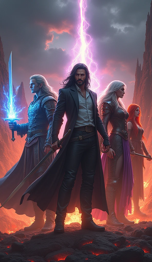 Realistic and photorealistic depiction featuring five characters standing in a dynamic formation.
Center:
Vortex: A male warrior with long black hair, wearing a sleek black coat over a white shirt. He wields a long sword enveloped in a dark aura.
Left of Vortex:
Mirage: A male mage with flowing silver hair, dressed in an elegant blue robe. He holds a magical staff emitting a soft blue aura.
Right of Vortex:
Raven: A male dark elf with long silver hair, clad in purple leather armor. He holds a bow with a glowing arrow poised for release.
Left of Mirage:
Valis: A male knight with long black hair, dressed in black armor adorned with red gems. His eyes glow with a red intensity, and he wields a massive greatsword.
Right of Raven:
Seraphina: A female summoner with long red hair, wearing a robe adorned with intricate, mysterious patterns. She holds an ancient magical staff.
Background: The setting is a volcanic landscape with a dramatic, fiery sky. Each character’s weapon and aura are prominently highlighted to emphasize their unique powers. The overall style should blend realistic and fantastical elements to accentuate the epic nature of this group.
