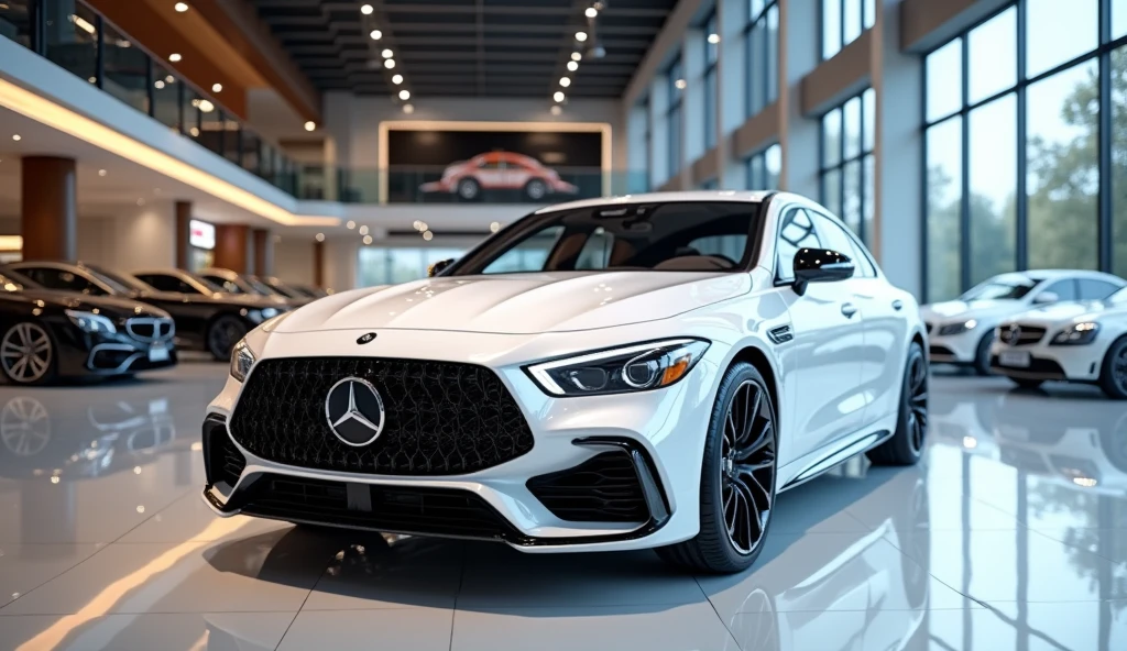 A sleek white luxury sedan is displayed in a modern car showroom with glossy floors and bright, reflective lighting. The vehicle features a distinctive grille with intricate mesh design, bold lines, and black alloy wheels. Large glass windows showcase additional vehicles in the background, enhancing the contemporary atmosphere. The overall aesthetic conveys elegance and sophistication. white car
