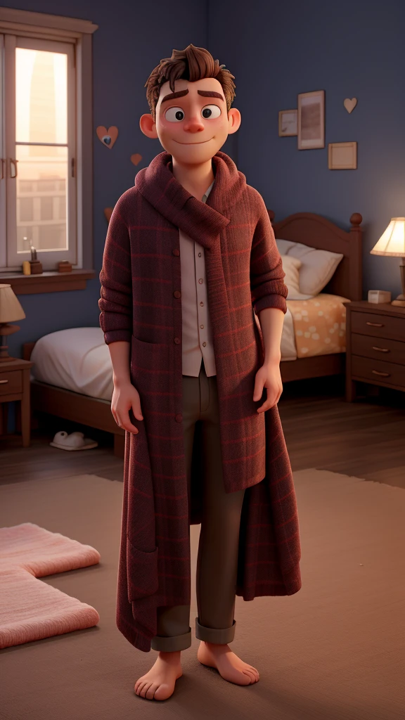 The room is softly lit by the morning sun. The husband is still in bed, wrapped in a blanket, half-asleep. The wife is standing beside the bed, already dressed and ready for the day.
