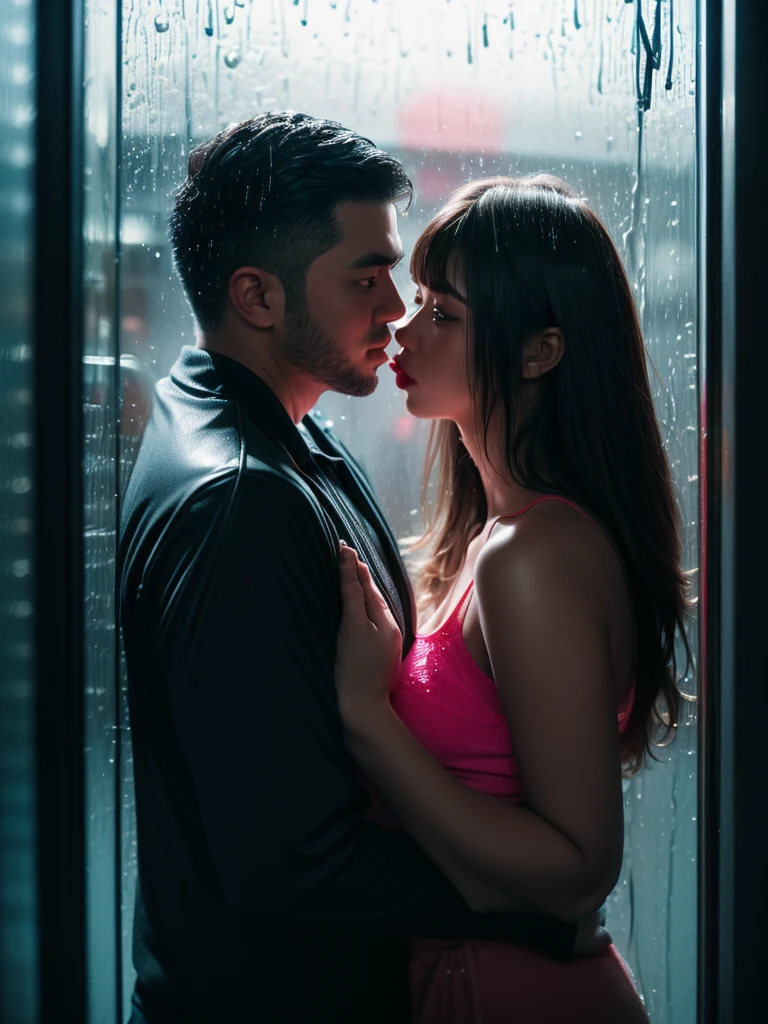 A Couple, (behind a glass shot:1.5), (best quality:1.5), japanese, 1man, 1girl, 35y a man in casual cloth with short black hair, 25y sweet and chubby girl in pink slipdrrss and sneakers, take a photo couple in a phone booth, a man hold a the glass with his hands carrying a thighs then giving sex kisshe has messy mid long bang hair, (lifting posing:1.5), real couple, (having sex:1.3), film looks, (neon light reflection in glass surface:1.3), ambient lighting, night, (rainy:1.4), detailed face and eyes, detailed nose and lips, showing tongue, very highly detailed, surreal view, (sharp focus:1.3), shot by mamiya analog film, istic photography:1.3), (dynamic wide angle:1.3)