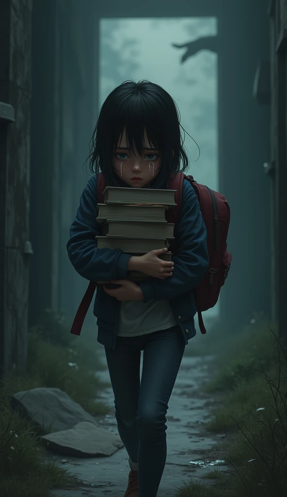 A teenager is walking with her head down, crying, with books in her hands and a backpack on her back. She walks towards a dark path