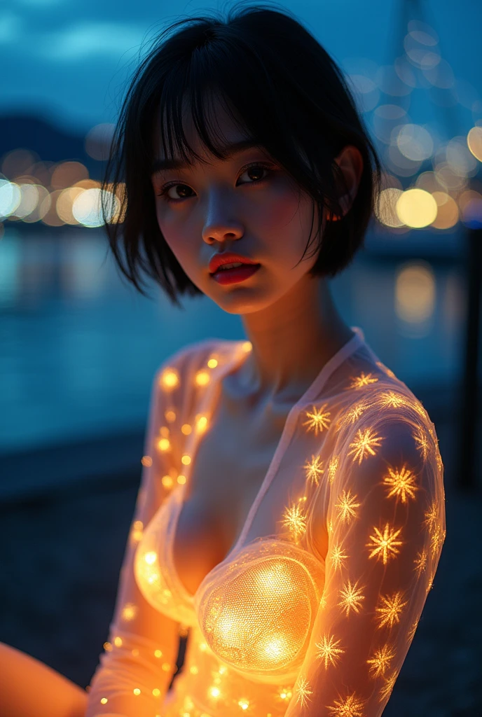(masterpiece, Highest quality), 8k,(((Very detailed))), Race:1.8, Super intricate Race pattern, colorful Race pattern, Purple and blue stained glass transparent body, Mandala,light up, 1 female, Open Back, 18 years old、Japanese, beautiful girl, Intelligent face, Photo of Lee Jae, tumbler, sultry body with セクシー belly, Sexy girl, Young sensual elegance, Sexy body, delicious, Sexy look, Very Short Hair、Night viewのきれいな港で撮影、Night view、 Intelligent face、Narrow waist、Large Breasts、Open your mouth a little、Smile a little、EOS 50mm F2, Blur the background、Lighting the face、Sitting、Beautiful breasts、See-through underwear、Gravure photo poses、Curvy Body、