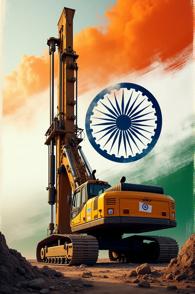 I want a picture of piling machine with the name of my company written on the machine - A.N.foundation  (written in bold and effective font) wishing  independence day of india with indian flag and theme of Indian flag 