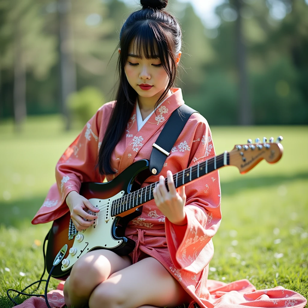 A courtesan in a kimono、playing an electric guitar pose、with one leg's hem slipped revealing a glimpse、On the grass、Full body