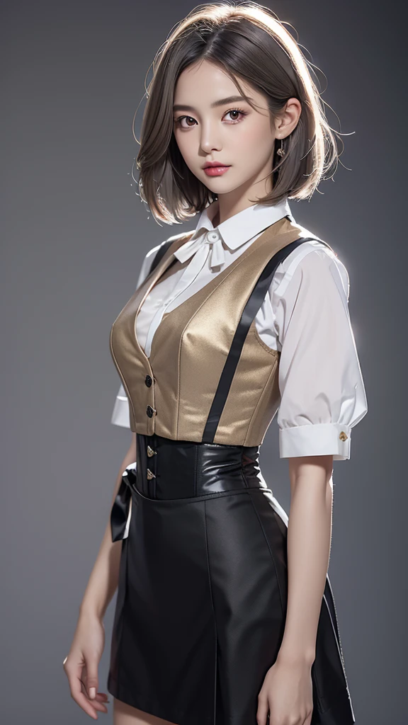 Girls, gray-haired, short-haired, yellow-eyed, small breasts, cat hair ornament, sidelocks, gray-haired, shiny hair, uniform, (golden eyes: 1.2), (two long triangular extensions on the skirt, vest corset on the stomach), white buttons of the vest corset, (stripped shirt with short sleeves under the vest corset), (sleeves ends closer to the arms), (thick ribbon of black color on the neck), ( short magenta skirt),