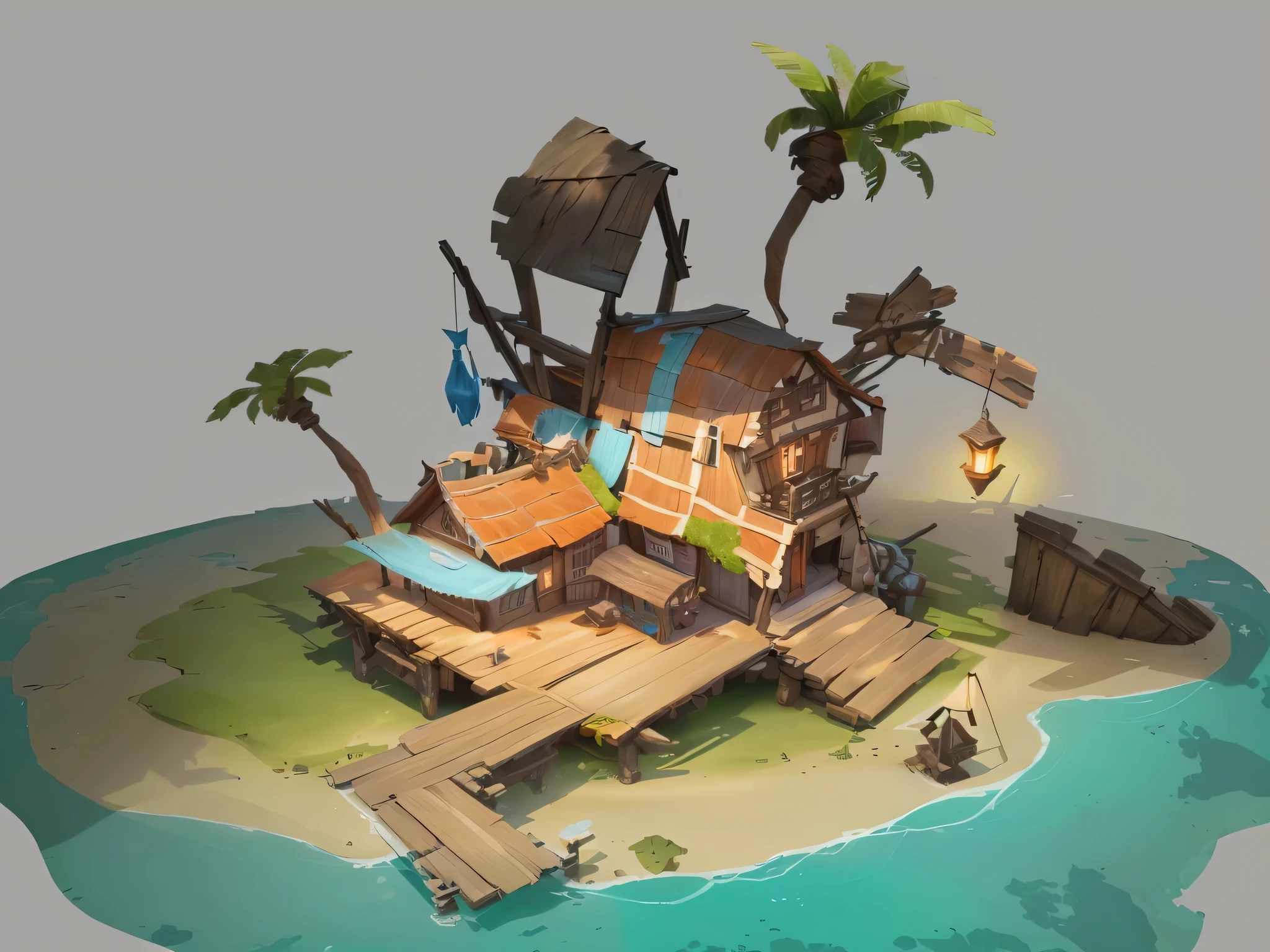 Alafid Island with a wooden bridge and a small house, 3D rendering style, stylized concept art, Game concept art, Concept art is very detailed, Roland Zilvinsky 3D Rendering Art, Stylized 3d rendering, Created by senior environment artists, environment design illustration, Concept art style, Detailed digital concept art, Concept art illustration tavern wooden house plank fishing village