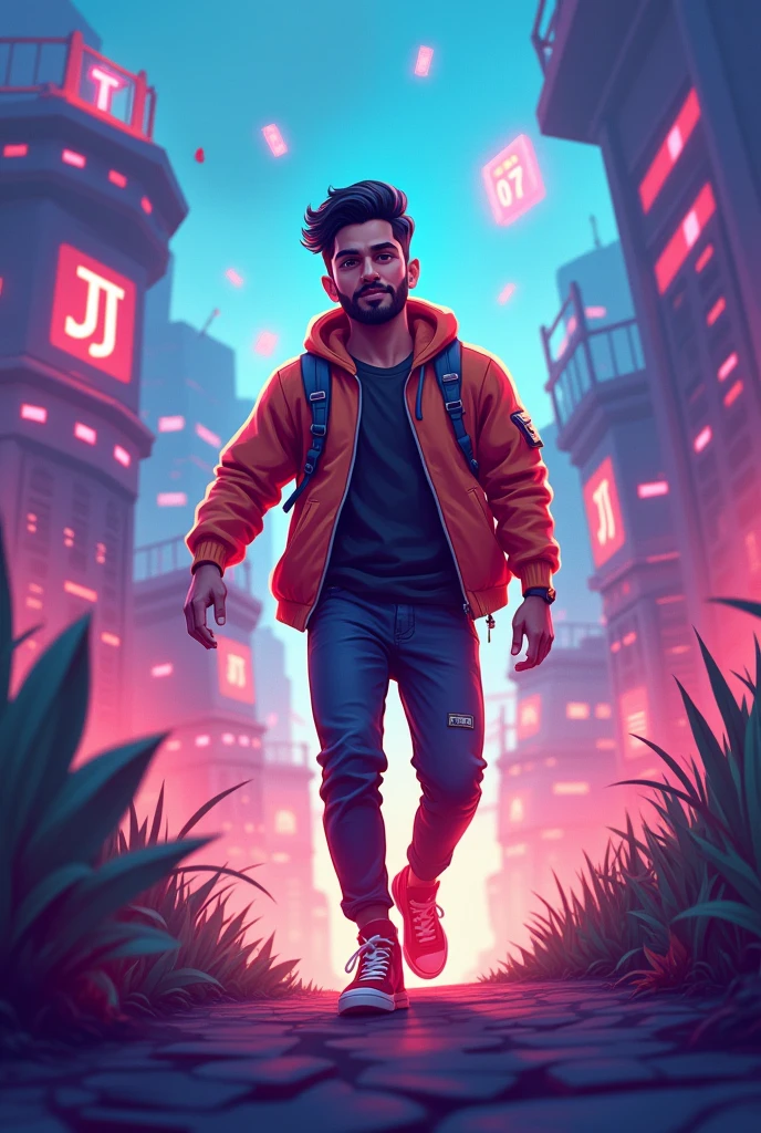 Gaming logo for my youtube channel I am a young Indian man of age 23 with a little trimmed beard write TJ on back with number 07 entering into a gaming world Making it a little cartoonish It should look like an eSports mobile player