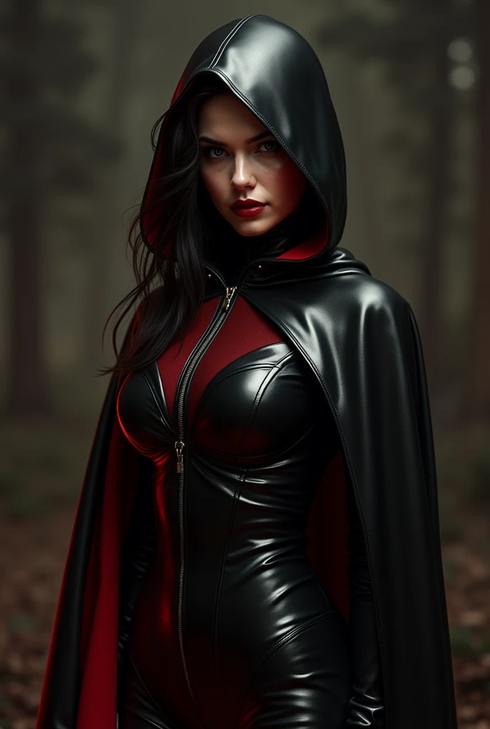 girl in black and red latex jumpsuit with hood and cape with a dark smile