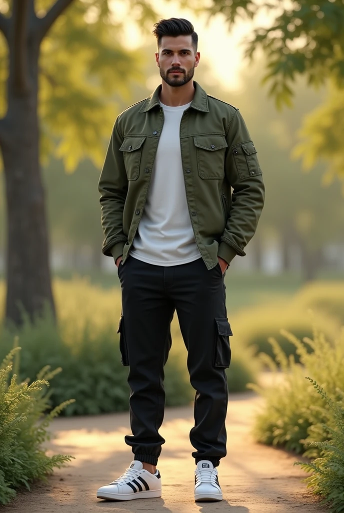 A tall dark handsome man, standing, wearing white shirt with olive jacket on top with black cargo pants and casual Adidas shoes. Short black hair, soft lighting, outdoor in natural park, calm and relaxed pose, realistic, intricate details, warm colors