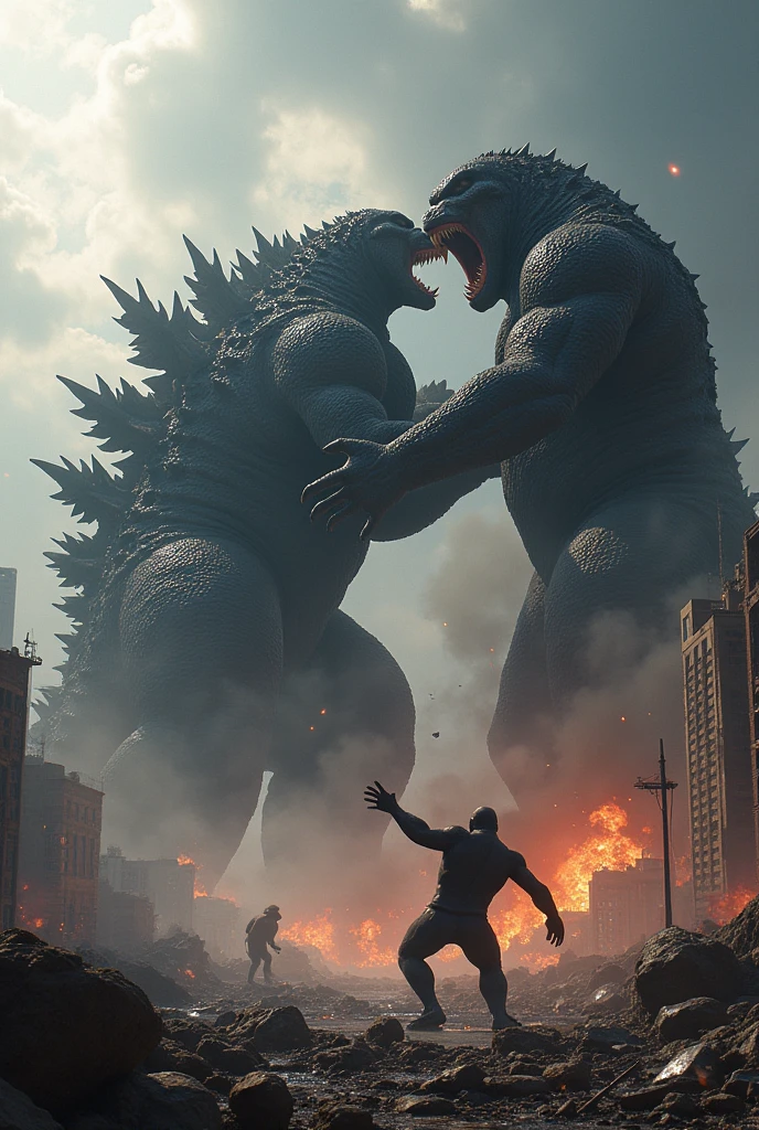 a gigantic Godzilla, extremely detailed,photorealistic,epic battle scene, Godzilla and Kong fighting ferociously, huge muscular bodies, powerful claws and teeth, towering over a devastated city,dramatic lighting,cinematic composition,vibrant colors,stunning details,3d render,unreal engine,8k,best quality
