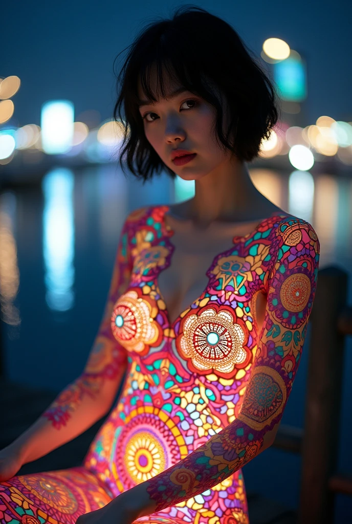 (masterpiece, Highest quality), 8k,(((Very detailed))), Race:1.8, Super intricate Race pattern, colorful Race pattern, Purple and blue stained glass transparent body, Mandala,light up, 1 female, Open Back, 18 years old、Japanese, beautiful girl, Intelligent face, Photo of Lee Jae, tumbler, sultry body with セクシー belly, Sexy girl, Young sensual elegance, Sexy body, delicious, Sexy look, Very Short Hair、Night viewのきれいな港で撮影、Night view、 Intelligent face、Narrow waist、Large Breasts、Open your mouth a little、Smile a little、EOS 50mm F2, Blur the background、Lighting the face、Sitting、Beautiful breasts、Sheer leotard、Gravure photo poses、Curvy Body、