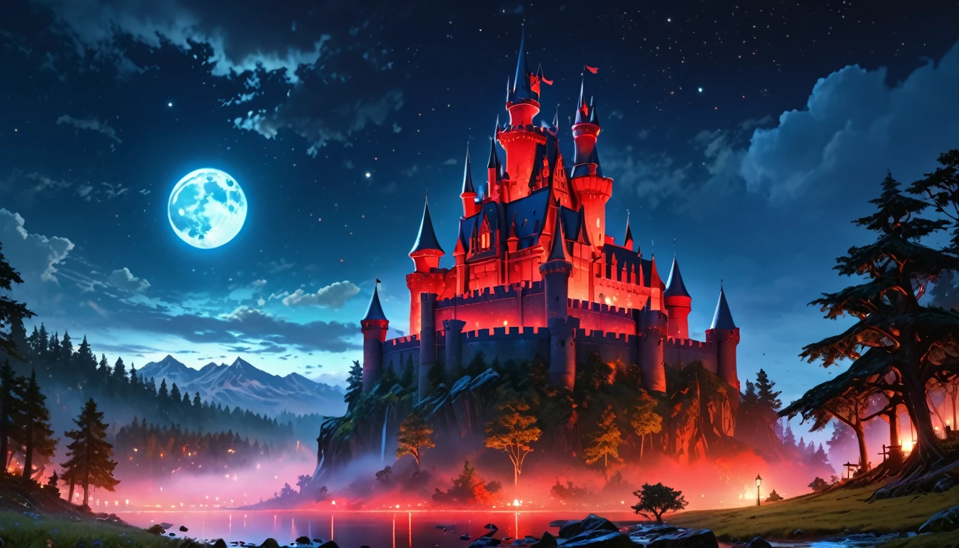 a picture of mist covered fantasy castle at night, half covered by the ((mist: 1,5)), mist hides half the castle,  a dark fantasy castle, (goth castle: 1.4), with towers and (red light : 1.4) coming out of the windows, the castle sits on a hill with few trees, the ((mist covers the ground and some of the castle)), it is night time, the blue moon is full, dynamic color moon, some stars, dark fantasy forest,  (best details, Masterpiece, best quality :1.5), ultra best realistic pictures , best details, best quality, 16k, [ultra detailed], masterpiece, best quality, (extremely detailed), ultra wide shot, photorealism, depth of field,