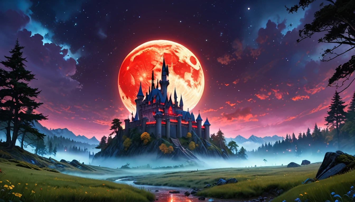 a picture of mist covered fantasy castle at night, half covered by the ((mist: 1,5)), mist hides half the castle,  a dark fantasy castle, (goth castle: 1.4), with towers and (red light : 1.4) coming out of the windows, the castle sits on a hill with few trees, the ((mist covers the ground and some of the castle)), it is night time, the blue moon is full, dynamic color moon, some stars, dark fantasy forest,  (best details, Masterpiece, best quality :1.5), ultra best realistic pictures , best details, best quality, 16k, [ultra detailed], masterpiece, best quality, (extremely detailed), ultra wide shot, photorealism, depth of field,