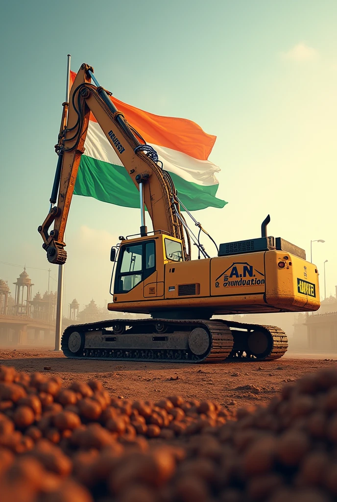 I want a picture of piling machine with the name of my company written on the machine - A.N.foundation wishing independence day of india with indian flag and theme of Indian flag