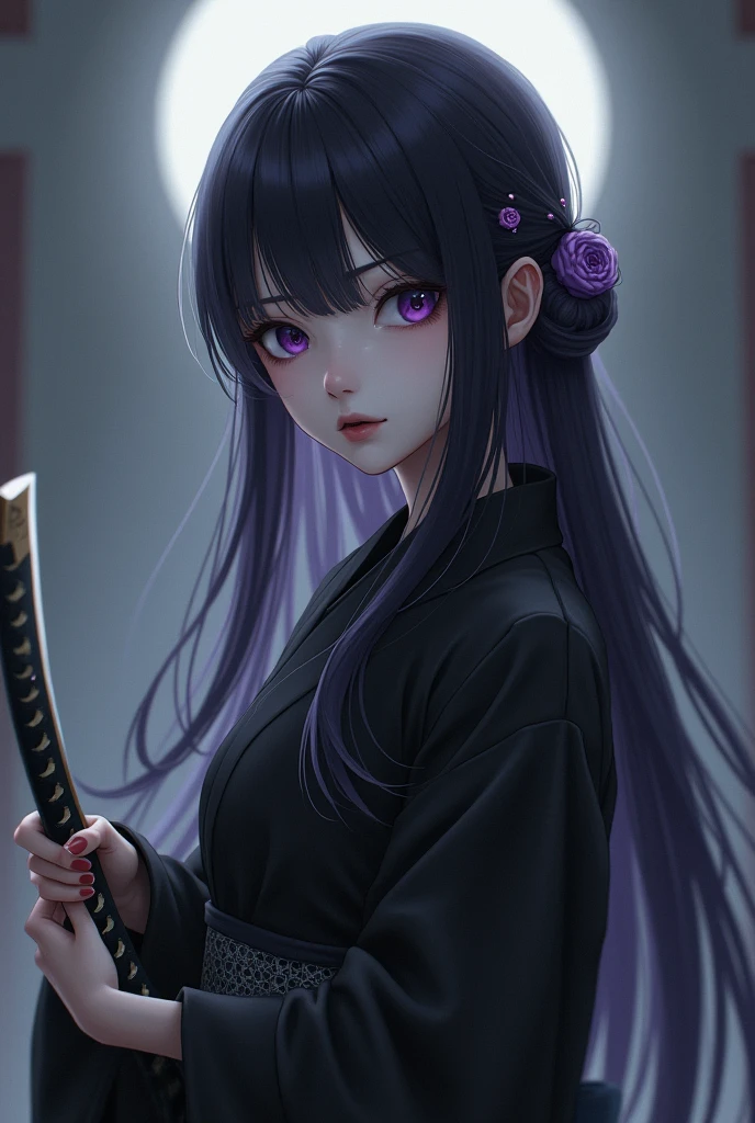 Japanese girl in a dark kimono with blackish  purple hair and purple eyes kinda pale has a purple hair pin. Has a unbothered expression and is holding a mini katana 