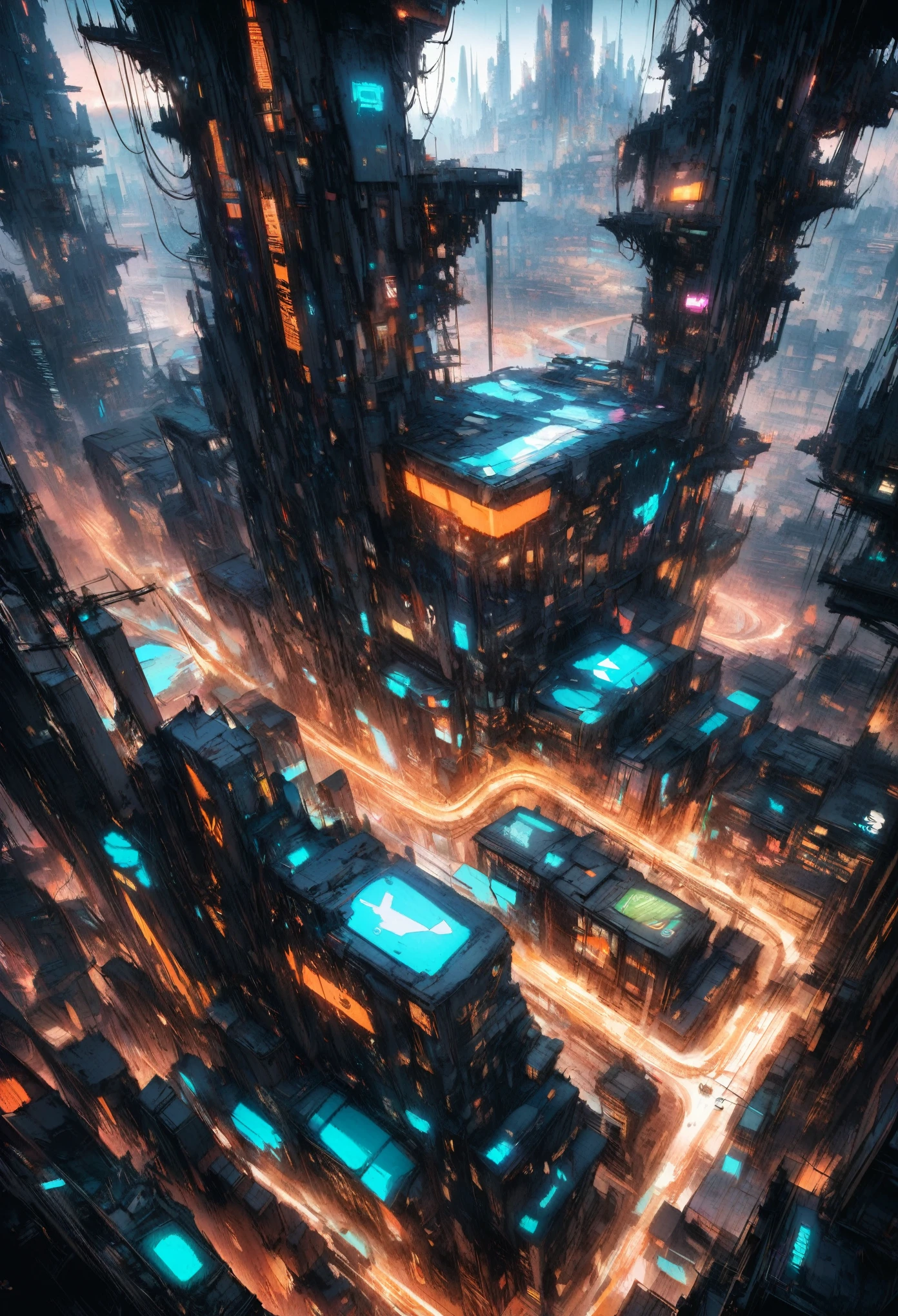 A futuristic, cyberpunk cityscape, incredibly detailed, intricate machinery, glowing blue and orange lights, circuit boards, robots, digital organisms, neon colors, a sense of depth and layers, vivid and surreal
