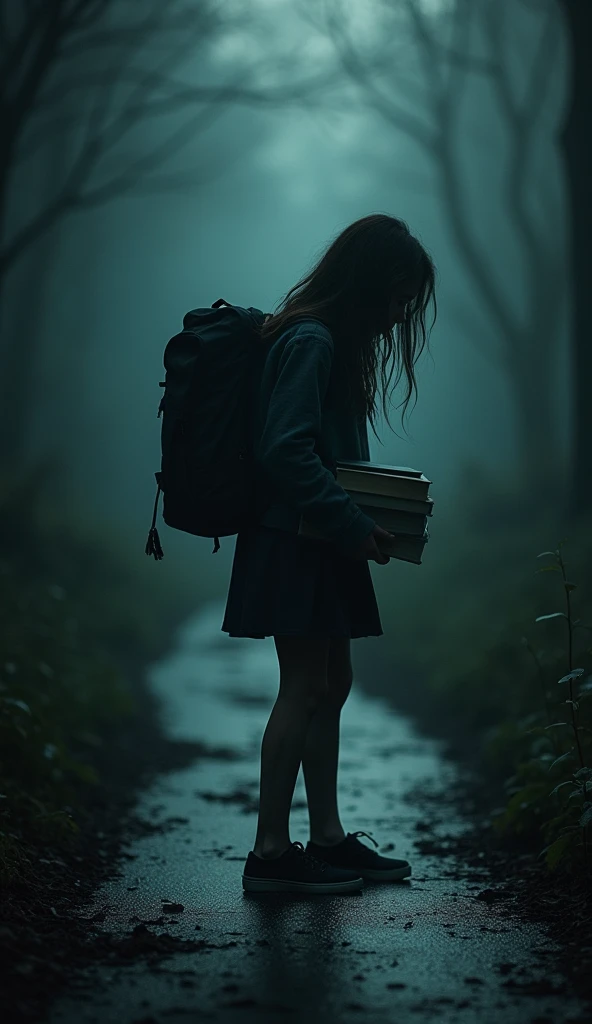 A teenager is walking with her head down, crying, with books in her hands and a backpack on her back. She is distant and walks on a dark path