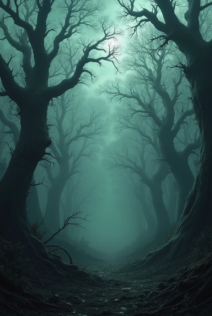 The once vibrant forest now darkened and twisted, with the trees looking gnarled and decayed. The sky above is overcast, with thick, dark clouds blocking out the sun. The ground is littered with dead leaves and branches, and a creeping darkness seems to seep from the earth itself. The atmosphere is oppressive and suffocating, as if the forest itself is alive with malevolent intent.