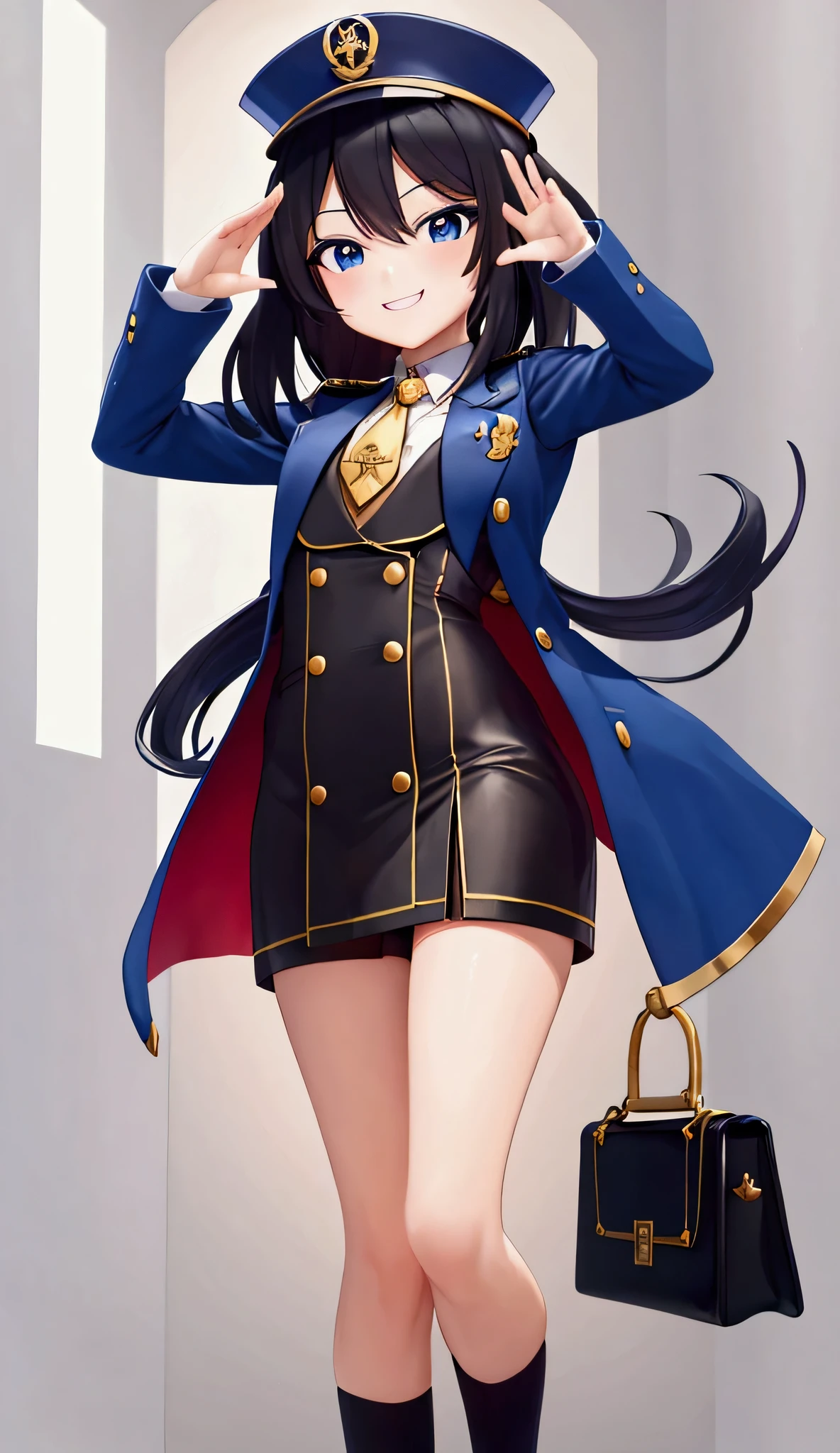 Masterpiece、Highest Resolution、Beautiful down to the last detail、3dキャラクター“Create a full-body cartoon character of a cheerful train conductor in an anime style. The character should have large, expressive eyes and a wide smile, wearing a bright blue uniform with gold buttons and accents. The conductor’s hat should be blue with a gold emblem, and the character should be saluting with one hand while holding a small briefcase in the other. The character has black hair and a pink tie, with a cute and friendly appearance.”