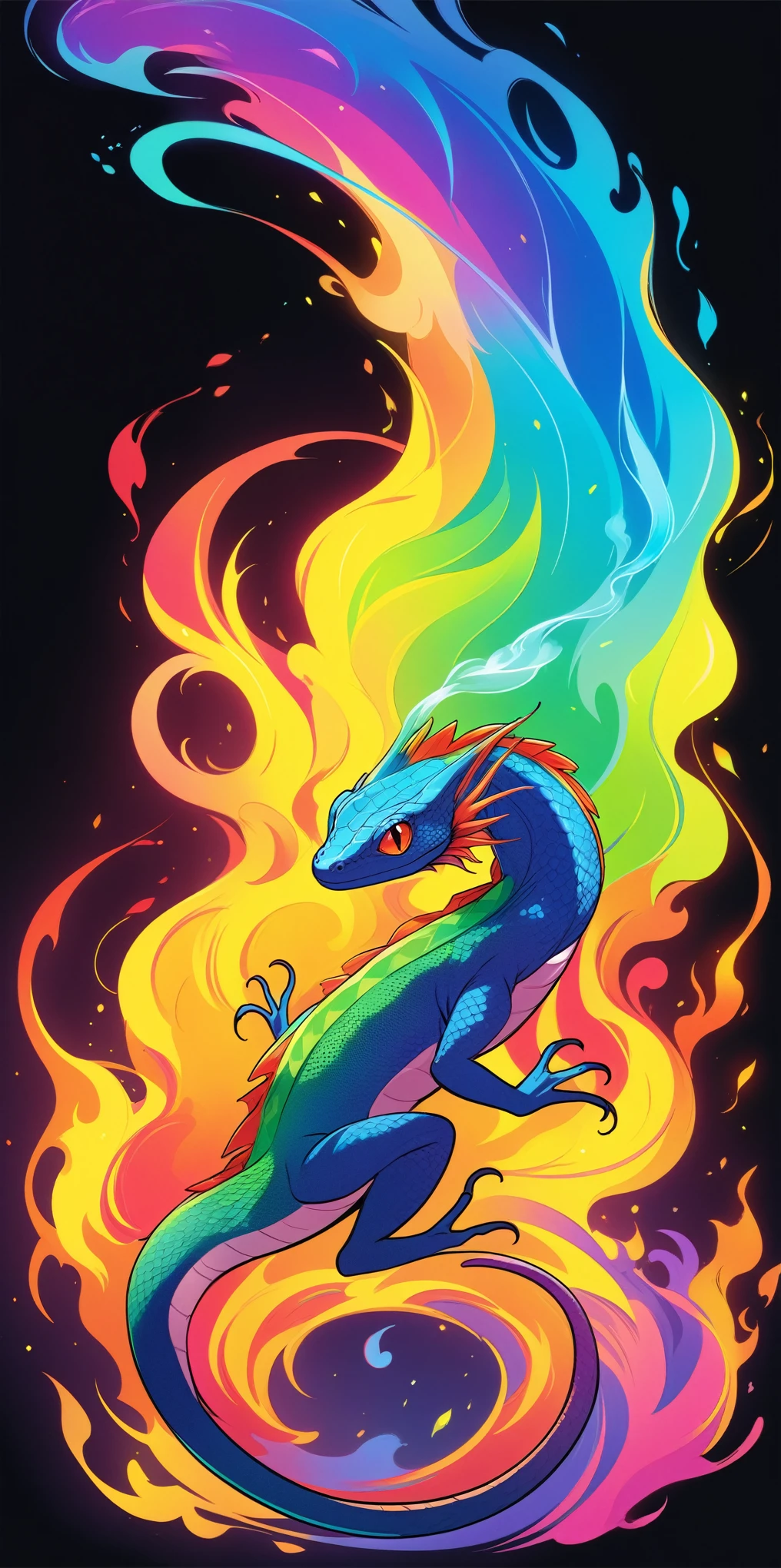 A colorful neon rainbow smoke of a lizard on the fire, an ethereal flame from lizard, vibrant colors, in the style of vector art, isolated on a black background with no shadows in the anime. --s 800 --style raw --niji 6,